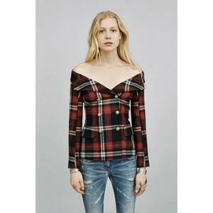 Faith Connexion Tartan Off Shoulder Wool Jacket Blazer Size 40 S/M
